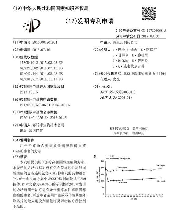 赛诺菲Praluent的部分专利申请