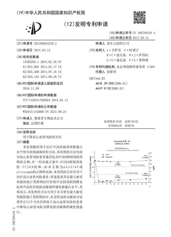 赛诺菲Praluent的部分专利申请